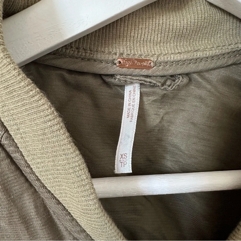 Free People Olive Satin Bomber Jacket Zip Front Cropped Size XS